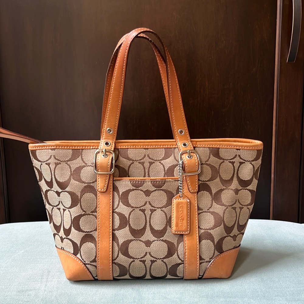 Coach Brown Signature Canvas Tote with Tan Leather Trim